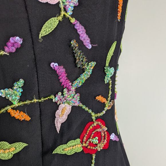 Vintage Sean Collection Prom Dress Maxi Gown L Black Floral Y2K Silk Feminine - Picture 7 of 11